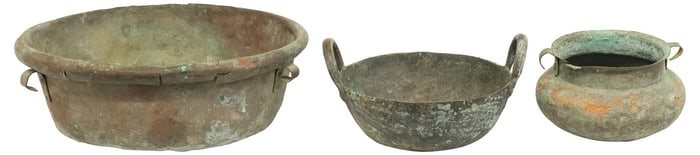 (3) SPANISH COLONIAL COPPER POTS, RIVETED CONSTRUCTION