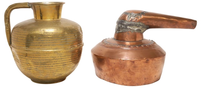 (2) FRENCH COPPER & BRASS HOUSEWARE, MILK JUG & POT STILL