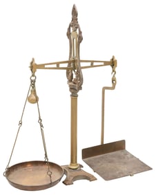 LARGE ENGLISH DeGRAVE & CO. CAST IRON & BRASS BALANCE SCALES, 37.5"H