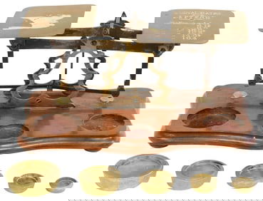 ENGLISH BRASS & MAHOGANY POSTAL SCALES & WEIGHTS