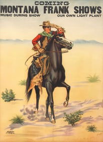 FRAMED WESTERN ADVERTISING POSTER, 'COMING: MONTANA FRANK SHOWS'