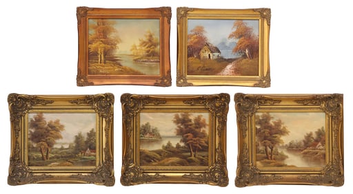 (5) FRAMED AUTUMN LANDSCAPE PAINTINGS, SIGNED JACKIE & RUSSELL