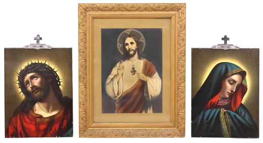 (3) RELIGIOUS PRINTS, JESUS WITH SACRED HEART, MARY'S LAMENTATION & ECCE HOMO
