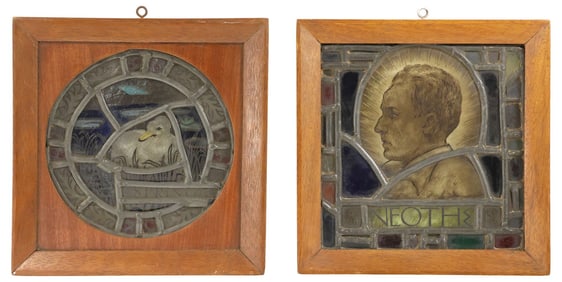(2) SMALL FRAMED ENGLISH REVERSE-PAINTED & LEADED GLASS PANELS