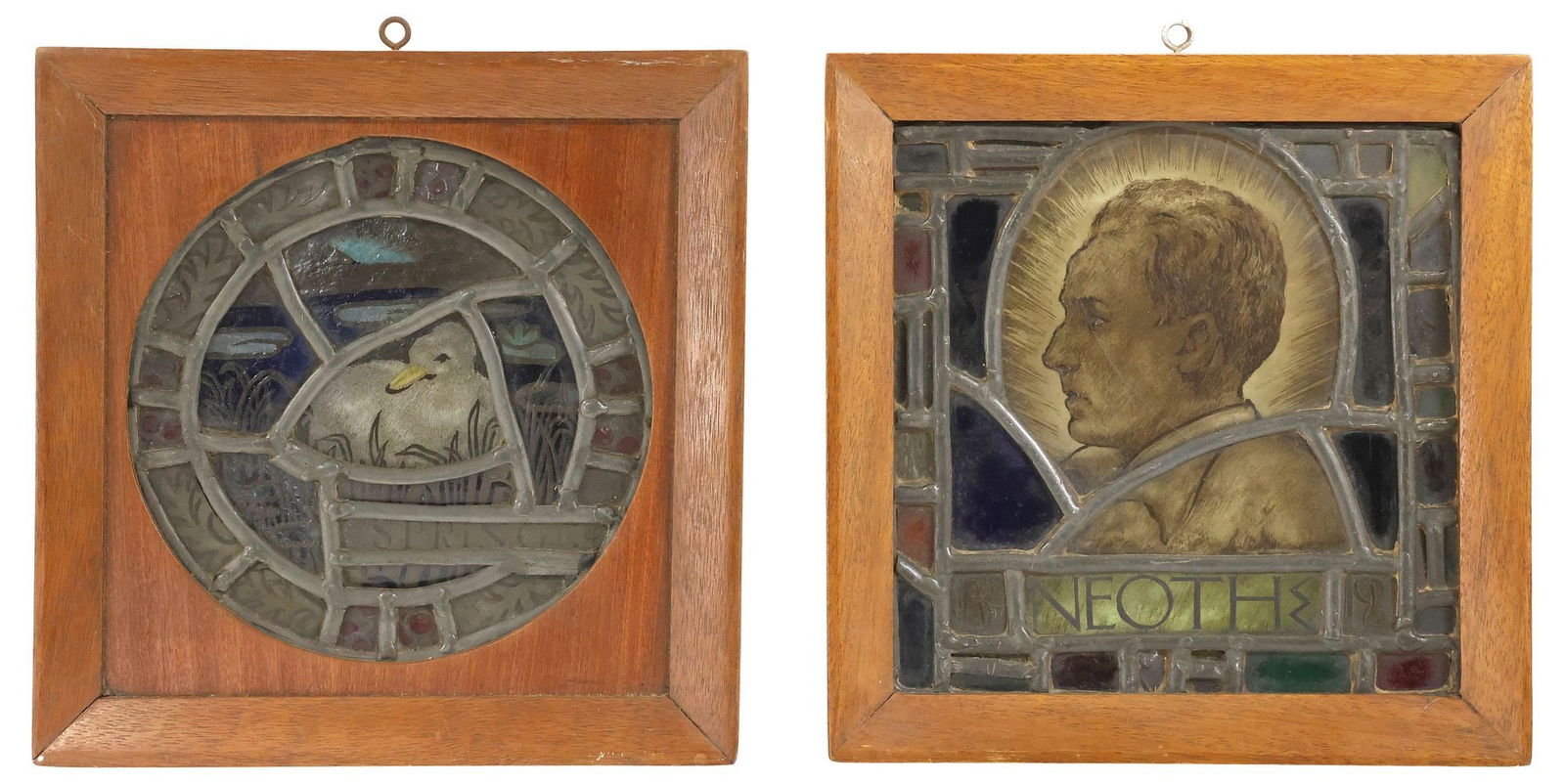 (2) SMALL FRAMED ENGLISH REVERSE-PAINTED & LEADED GLASS PANELS (1 of 2)