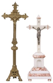 (2) ECCLESIASTICAL CARVED MARBLE & GILT METAL ALTAR CRUCIFIXES