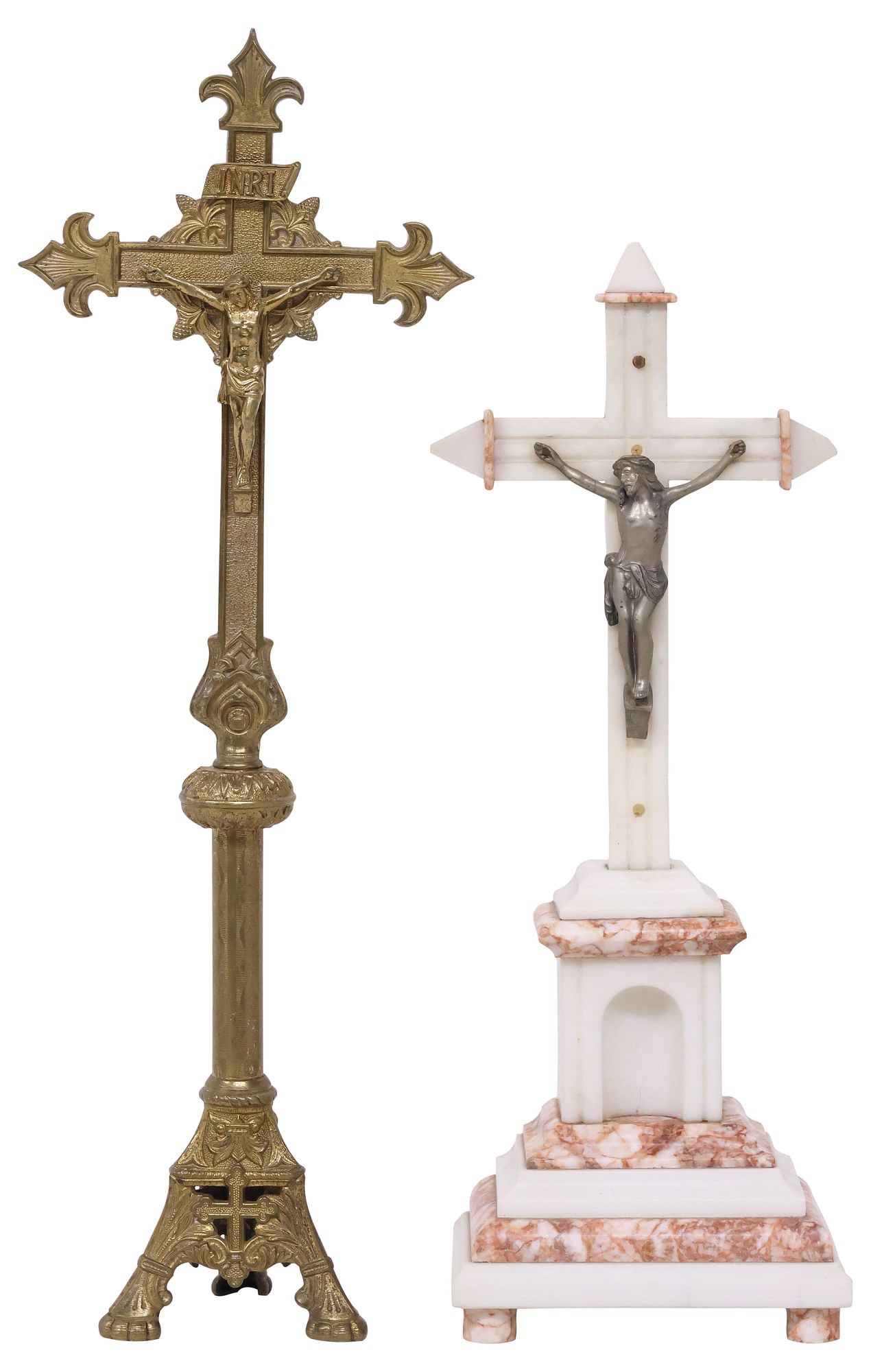 (2) ECCLESIASTICAL CARVED MARBLE & GILT METAL ALTAR CRUCIFIXES (1 of 4)