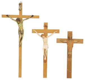 (3) CONTINENTAL CRUCIFIXES, 1 ITALIAN ANRI WITH CARVED WOOD FIGURE