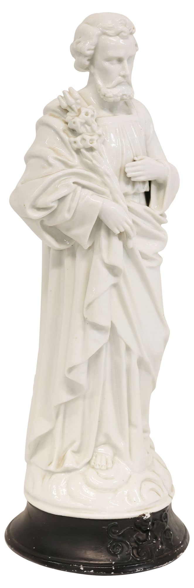 GLAZED WHITE PORCELAIN RELIGIOUS FIGURE, SAINT JOSEPH, 20"H: Glazed porcelain religious figure, Saint Joseph, shown with drapery and bouquet of lilies, on integral black-painted base, maker's mark underfoot, intact with restoration and stable visible hairline a