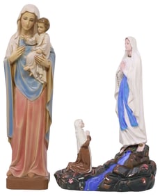 (2) PAINTED RELIGIOUS FIGURES, MADONNA AND CHILD & OUR LADY OF LOURDES