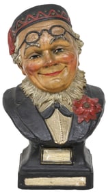 POLYCHROME-PAINTED CHALKWARE BUST OF A MERRY GENTLEMAN