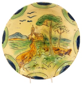 CONTINENTAL MAJOLICA PASTORAL CHAPEL SCENE CHARGER