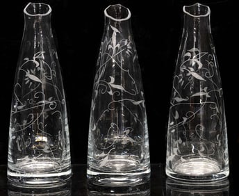 (3) VALERY KLEIN FOR BACCARAT FOLIATE ETCHED CRYSTAL DECANTERS