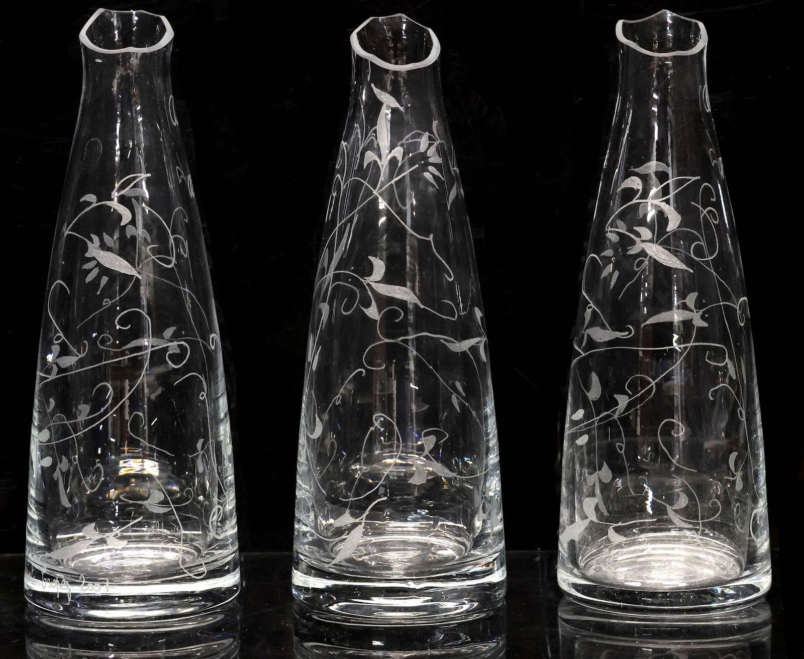 (3) VALERY KLEIN FOR BACCARAT FOLIATE ETCHED CRYSTAL DECANTERS (1 of 5)