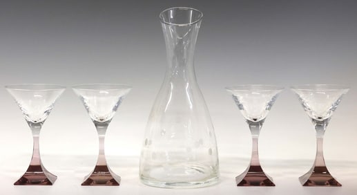(5) FRENCH KLEIN KLEIN FOR BACCARAT DECANTER & PINK MARTINI GLASSES