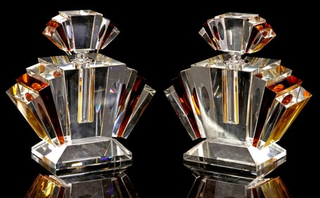 (2) LARGE ART DECO STYLE AMBER GLASS FAN-FORM SCENT BOTTLES