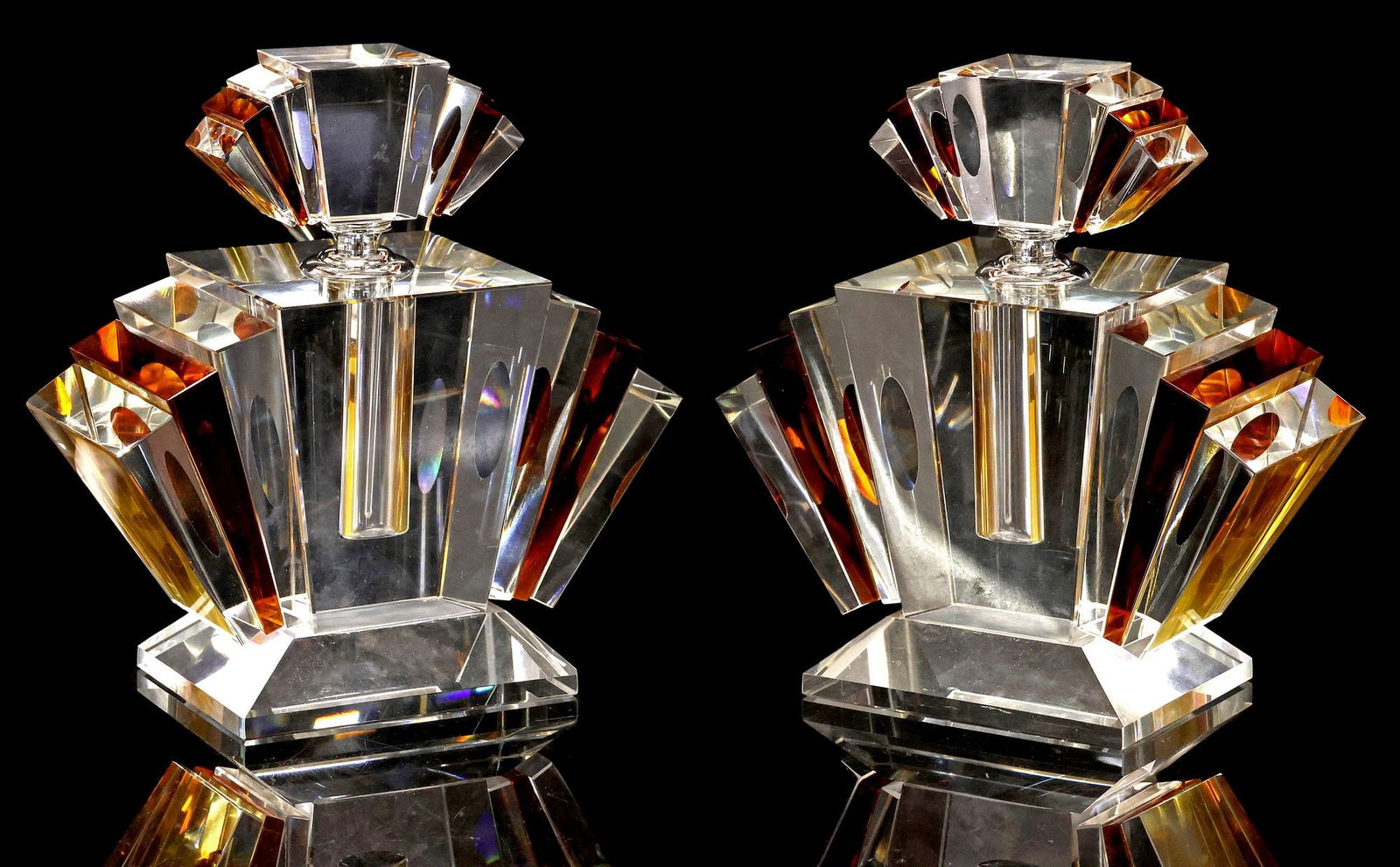 (2) LARGE ART DECO STYLE AMBER GLASS FAN-FORM SCENT BOTTLES (1 of 4)