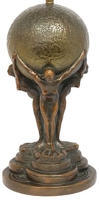 ART DECO FEMALE NUDES SUPPORTING GLOBE PATINATED METAL 2-LIGHT LAMP
