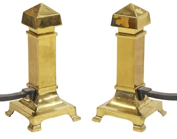 (2) BRASS COLUMN-FORM FIREPLACE ANDIRONS