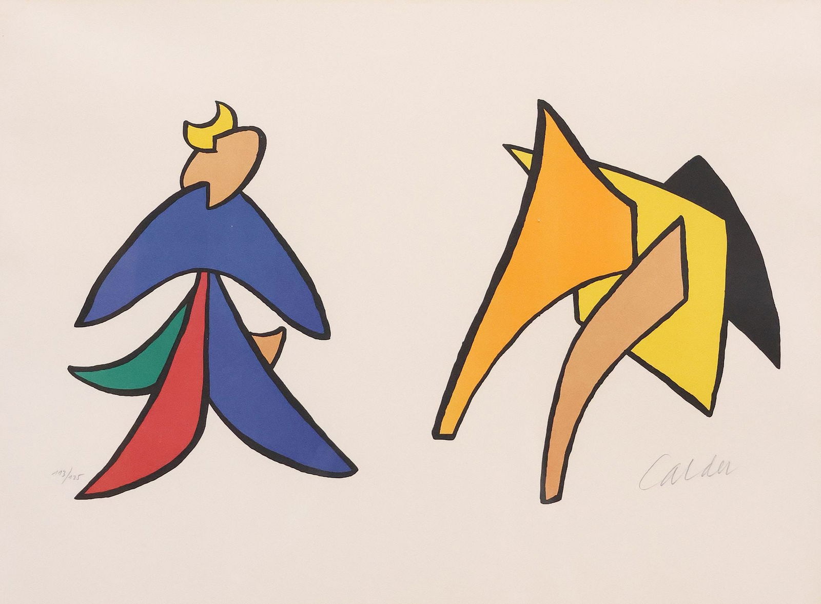 ALEXANDER CALDER (D.1976) LITHOGRAPH, 'LUNE JAUNE & PORC QUE PIQUE': Framed lithograph in colors on Rives paper, "Lune Jaune et Porc Qui Pique (Yellow Moon and Prickly Pig)," pencil signed lower right Calder (Alexander Calder, American, 1898-1976), numbered 1