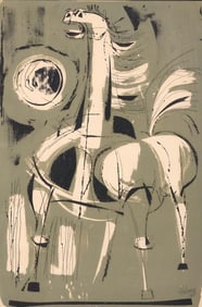 ROBERT HELMER (1922-1990) COLOR LINOCUT PRINT, 'HORSE & SUN'
