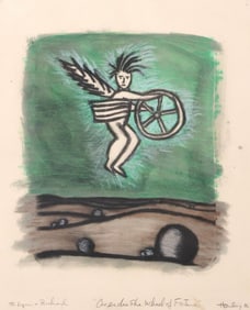 JACK HANLEY (20TH C.) EMBELLISHED LITHOGRAPH, 'CUPID & THE WHEEL OF FORTUNE'