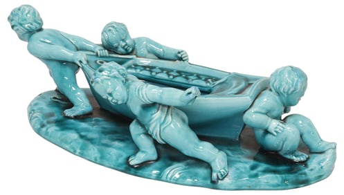 AFTER CLEMENT MASSIER (1844-1917) CERAMIC FIGURAL BOAT OF LOVE JARDINIERE