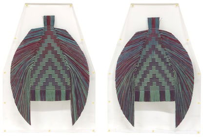 (2) WOVEN & MOUNTED GEOMETRIC FRINGED TEXTILE ART