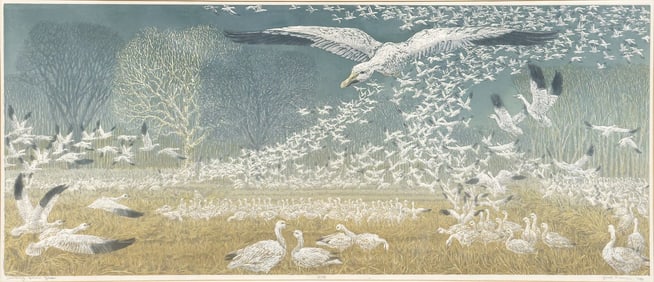 LARGE JANET TURNER (1914-1988) 'WINTERING SNOW GEESE' LINOCUT PRINT