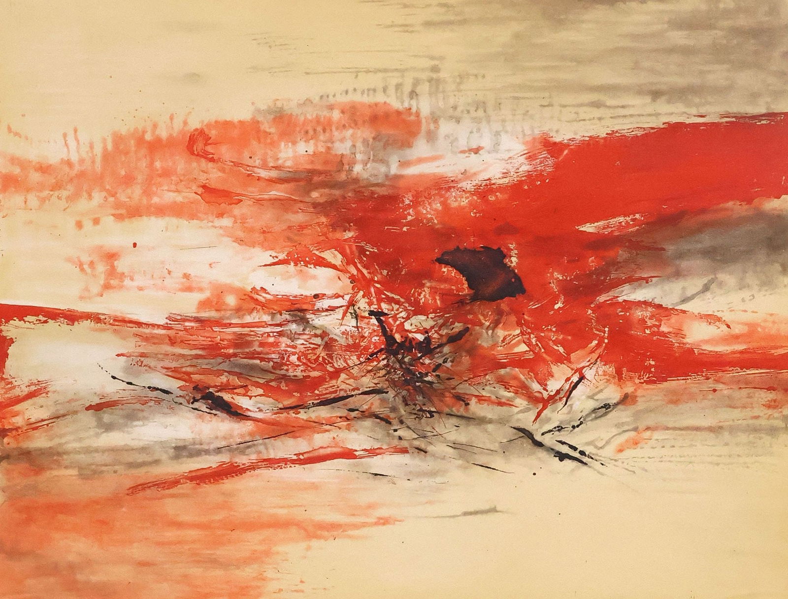 ZAO WOU-KI (D.2013) ETCHING & AQUATINT, 'COMPOSITION ROUGE (FISH IN RED SEA)' (1 of 6)