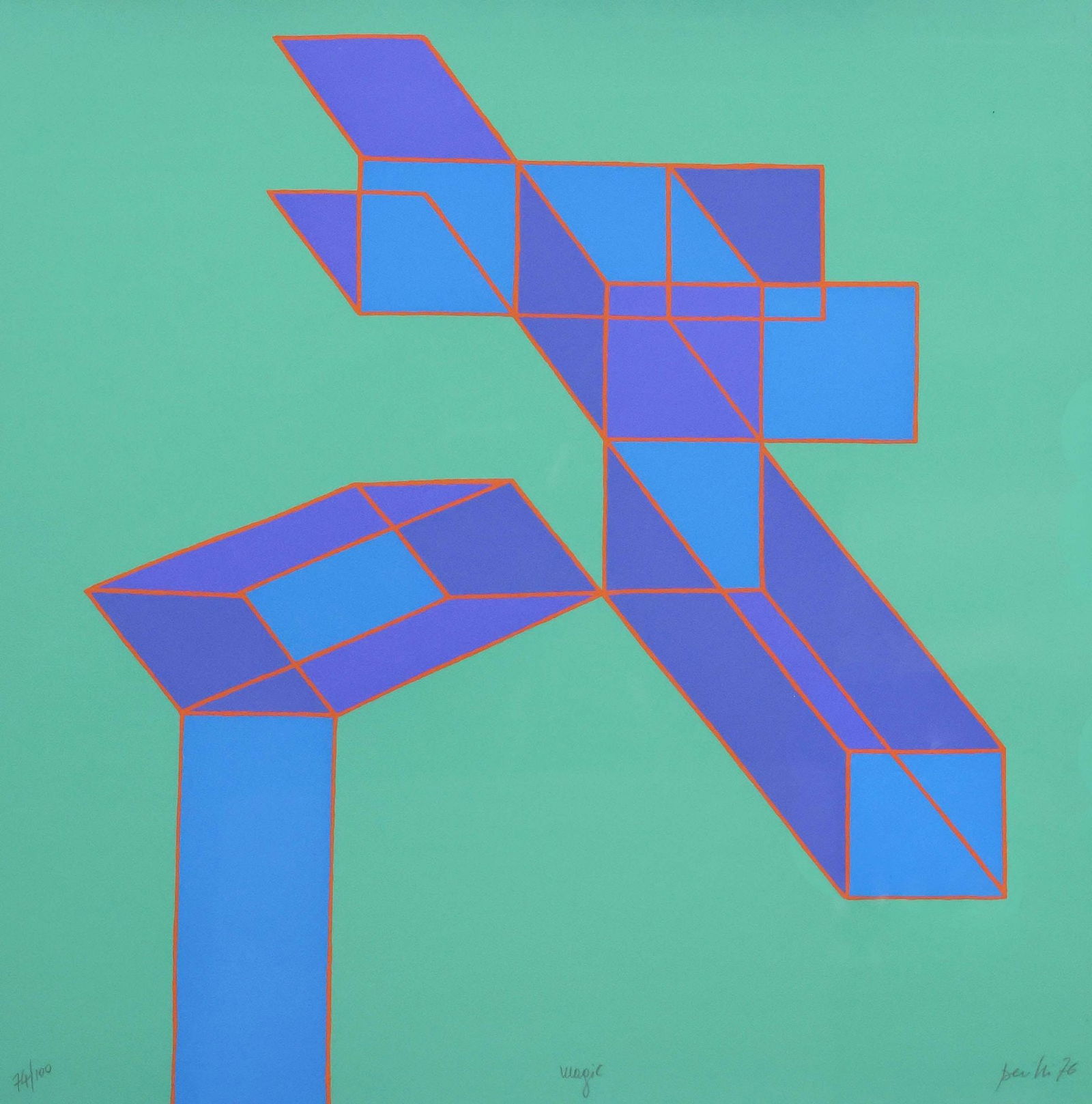 ACHILLE PERILLI (1927-2021) GEOMETRIC COLOR SERIGRAPH PRINT, 'MAGIC': Framed silkscreen print in colors on paper, "Magic," pencil signed lower right Perilli (Achille Perilli, Italian, 1927-2021), dated [19]76, numbered 74/ 100, titled lower center, sheet: approx 22 3/8"