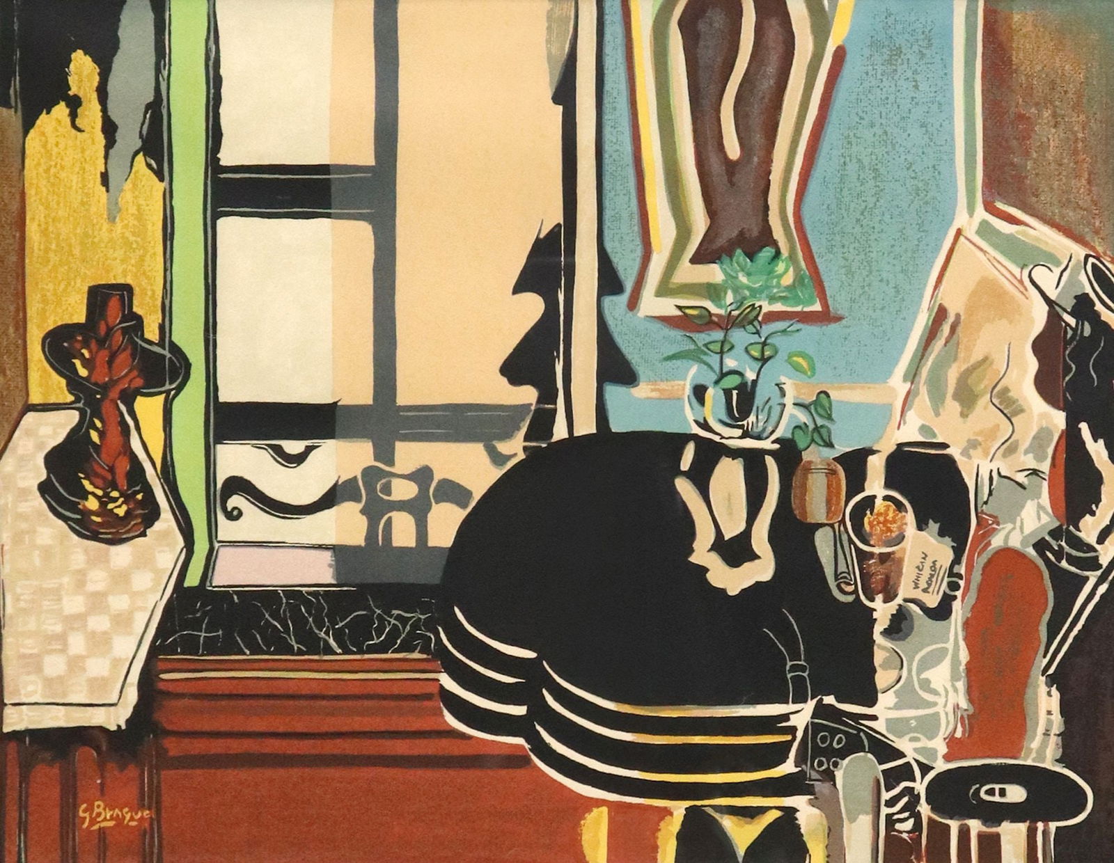 AFTER GEORGES BRAQUE (D.1963) CUBIST LITHOGRAPH, 'LE SALON': Framed lithograph in colors on paper, "Le Salon," after Georges Braque (French, 1882-1963), signed in print lower left, sight: approx 19.75"h, 25.5"w, overall: approx 37"h, 45"w, 22.5lbs