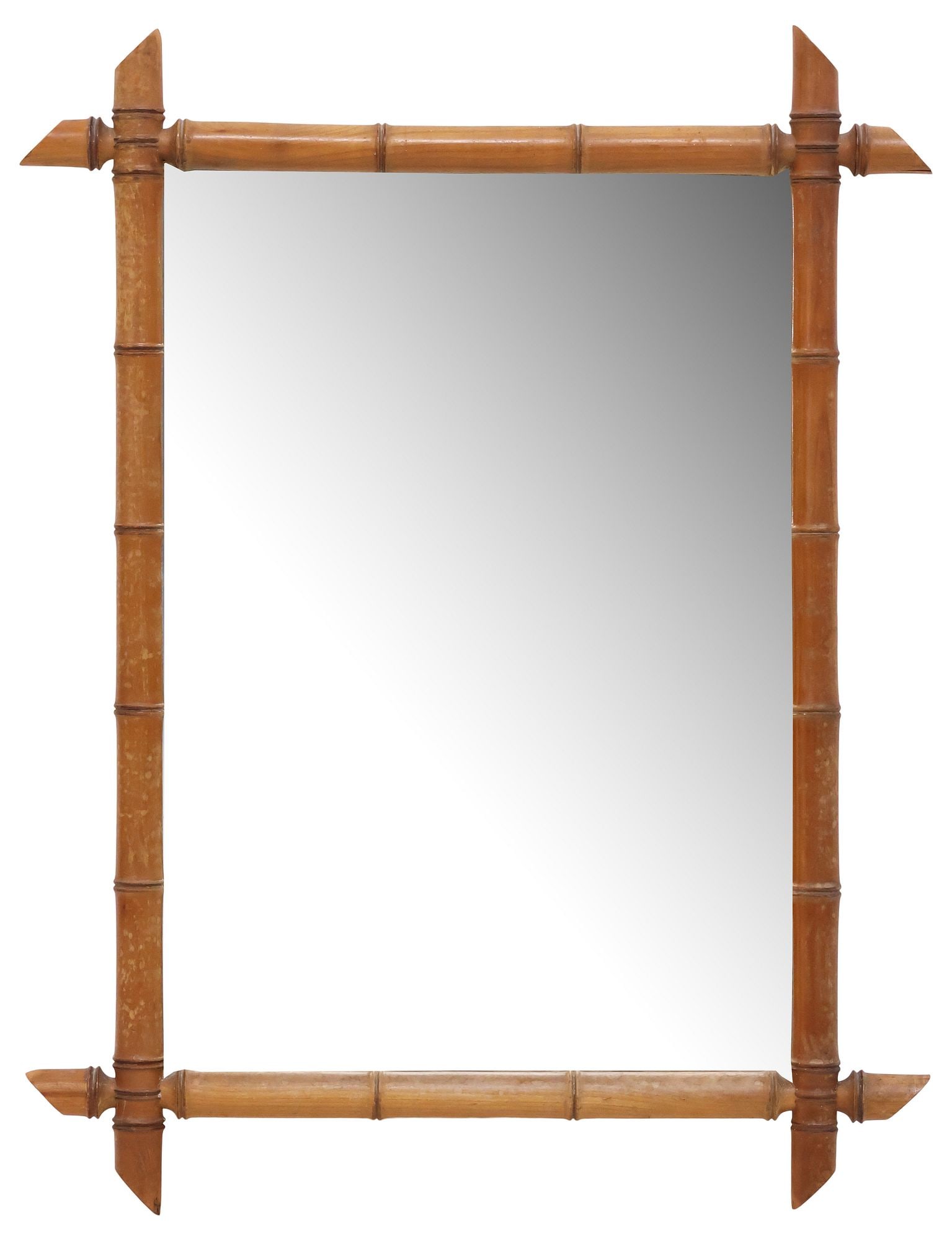 FRENCH FAUX BAMBOO TURNED WOOD WALL MIRROR: French wall mirror, early 20th c., turned faux bamboo frame, encasing flat mirror plate, approx 28"h, 23"w, 13lbs