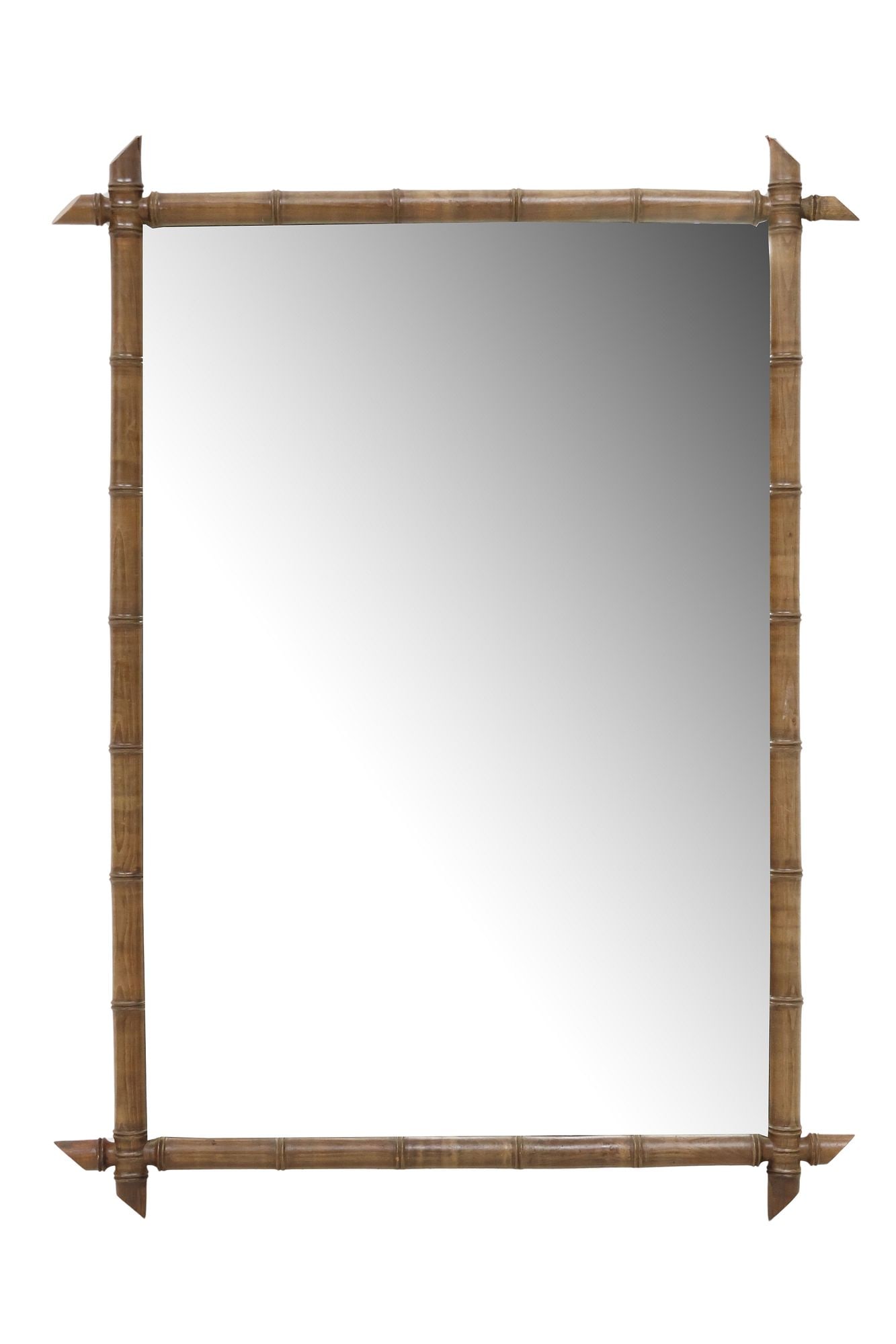 FRENCH TURNED WOOD FAUX BAMBOO MIRROR, 45" X 33.5": French wall mirror, early 20th c., turned faux bamboo frame, encasing flat mirror plate, approx 45"h, 33.5"w, 33lbs