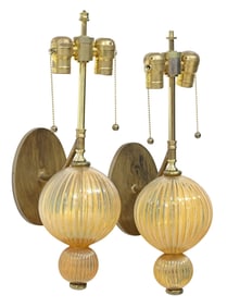 (2) ITALIAN MURANO IRIDESCENT ART GLASS & BRASS 2-LIGHT WALL SCONCES