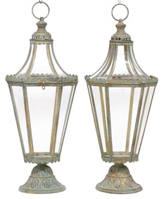 (2) LARGE VERDIGRIS PATINA & PARCEL-GILT IRON HANGING CANDLE LANTERNS, 29"H