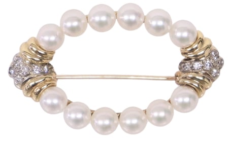 ESTATE 14KT YELLOW GOLD, PEARL & DIAMOND NAVETTE-FORM BROOCH / PIN