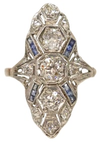 ESTATE ART DECO PLATINUM, 1.25CTTW DIAMOND & LAB SAPPHIRE RING