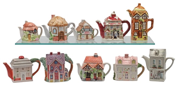 (10) NOVELTY ARCHITECTURAL HOUSE-FORM CERAMIC TEAPOTS