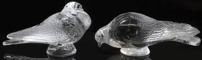 (2) FRENCH LALIQUE ART CRYSTAL 'PIGEON BRUGES' BIRD FIGURES