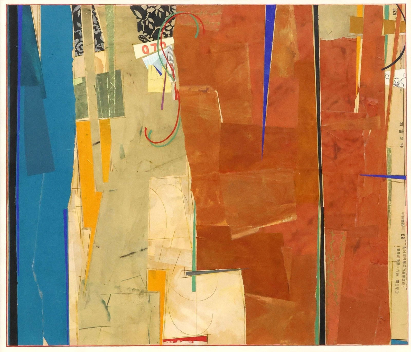 JOHN PAVLICEK (TX, B.1946) FRAMED MIXED MEDIA COLLAGE, 24" X 28": Framed charcoal and mixed media collage on paper, Abstract Composition, signed lower left Pavlicek (John Pavlicek, Texas, b.1946) sight: approx 23.5"h, 27.5"w, overall: approx 36.5"h, 40.5"w, 17lbs