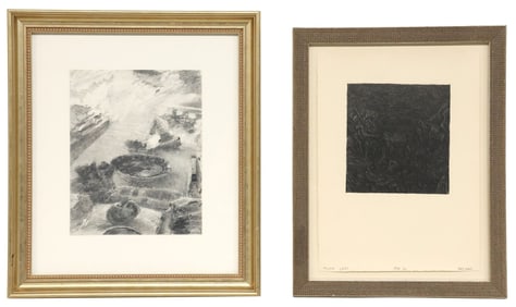 (2) SIGNED MINIMALIST LITHOGRAPH & ABSTRACT CHARCOAL DRAWING