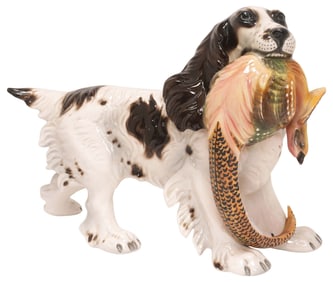 ITALIAN RONZAN GLAZED CERAMIC SCULPTURE, DOG & PHEASANT