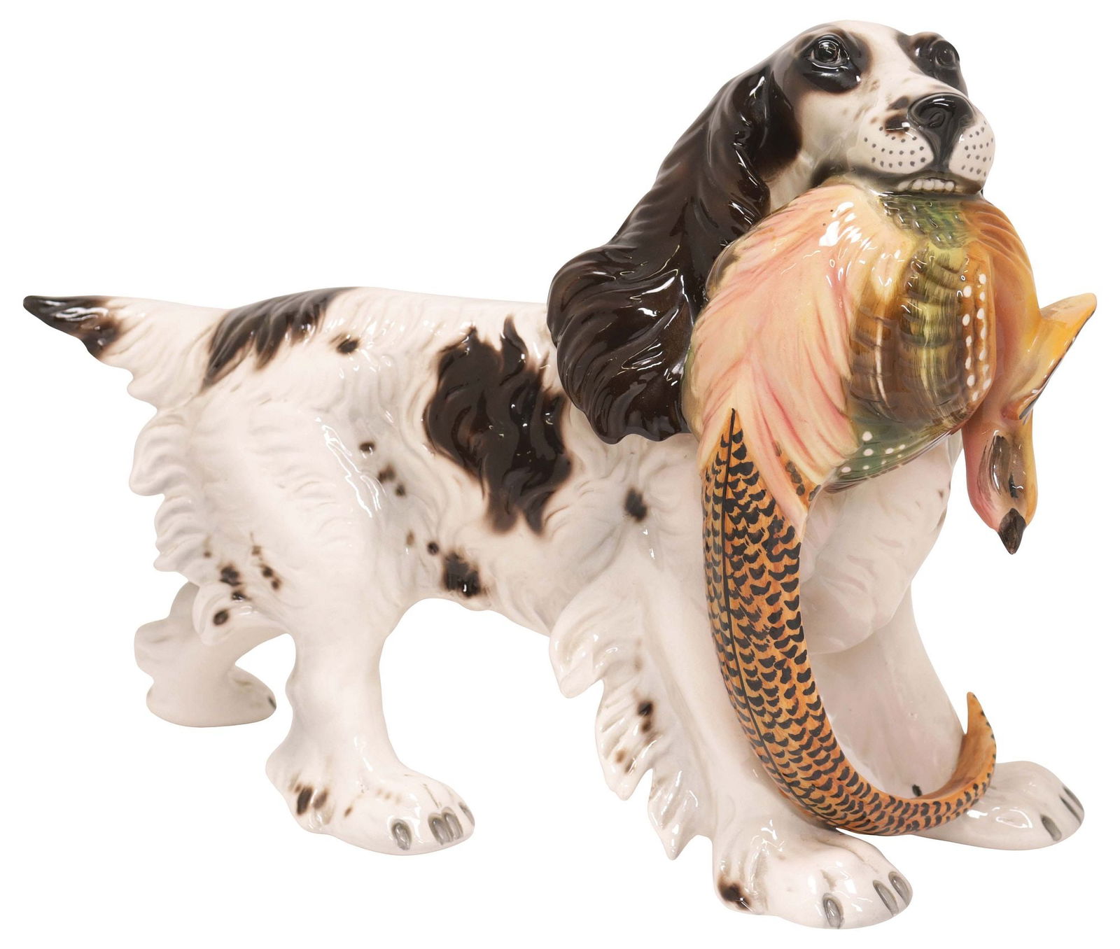 ITALIAN RONZAN GLAZED CERAMIC SCULPTURE, DOG & PHEASANT (1 of 6)