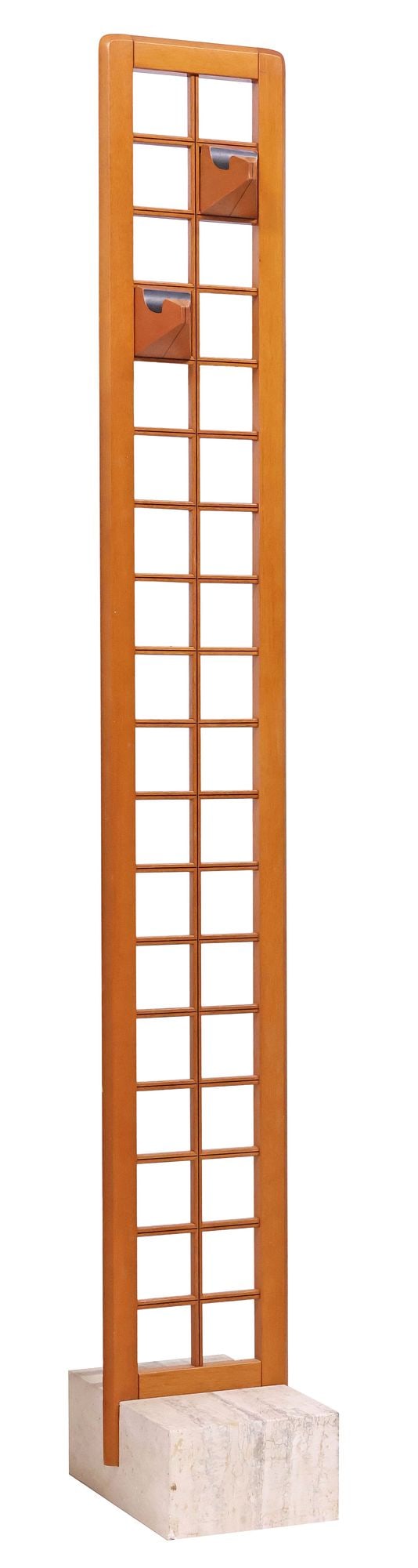 MANNER OF FABRIZIO POLDARETTI FOR LINEA 'FOX HUNT' TEAK & MARBLE GRID STAND: Italian Postmodern teak and marble "Caccia alla Volpe (Fox Hunt)" hall tree, in the manner of Fabrizio Poldaretti (Italian, 20th c.) for Linea Arredamenti, c.1980s, having rectangular grid-form frame