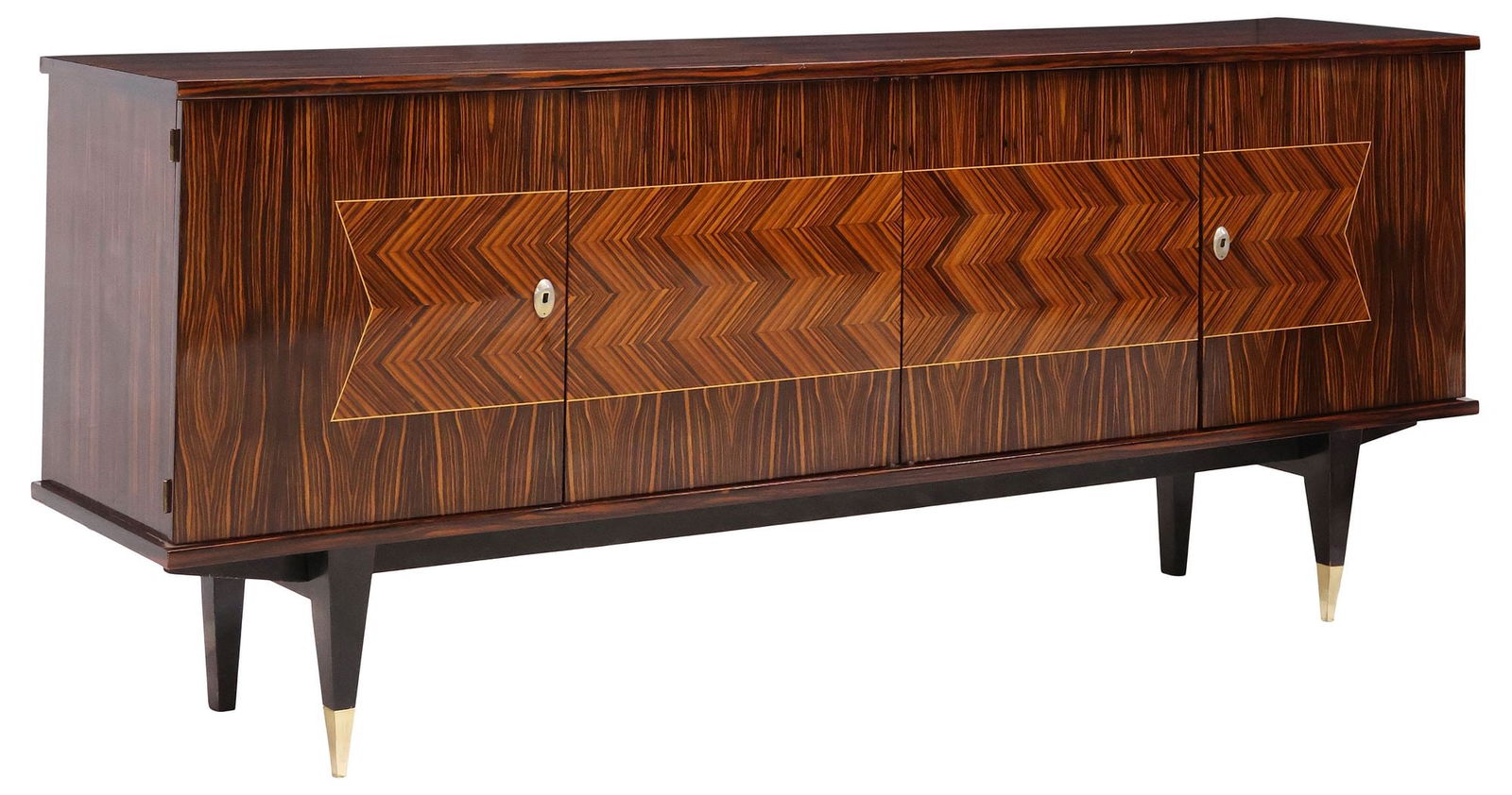 FRENCH MID-CENTURY MODERN LACQUERED & INLAID SIDEBOARD: French mid-century modern lacquered sideboard, c.1960s, likely rosewood or Macassar ebony veneers, fitted with four cabinet doors, the rightmost opening to glass shelving and light (in need of wiring)