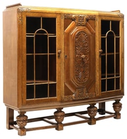 ENGLISH ART DECO FRUIT & FOLIATE CARVED OAK DISPLAY BOOKCASE