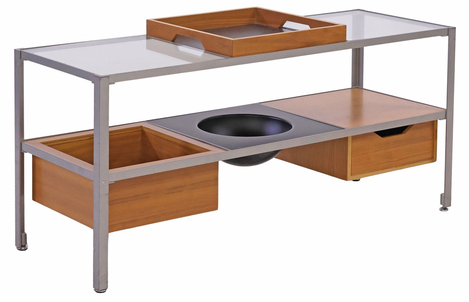 ROBIN DAY FOR HABITAT, UK MODULAR TEAK & METAL COFFEE TABLE: British mid-century modern teak and metal modular coffee table, 20th c., modeled after the original designed by Robin Day for Habitat, UK in the 1950s, having a silver-toned metal frame with six compa