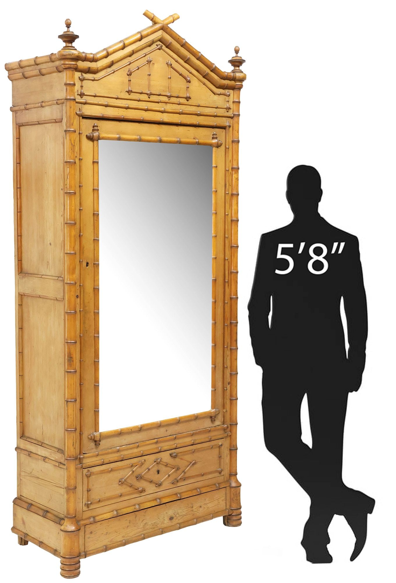 FRENCH PINE MIRRORED ARMOIRE WITH FAUX BAMBOO TURNINGS (1 of 6)