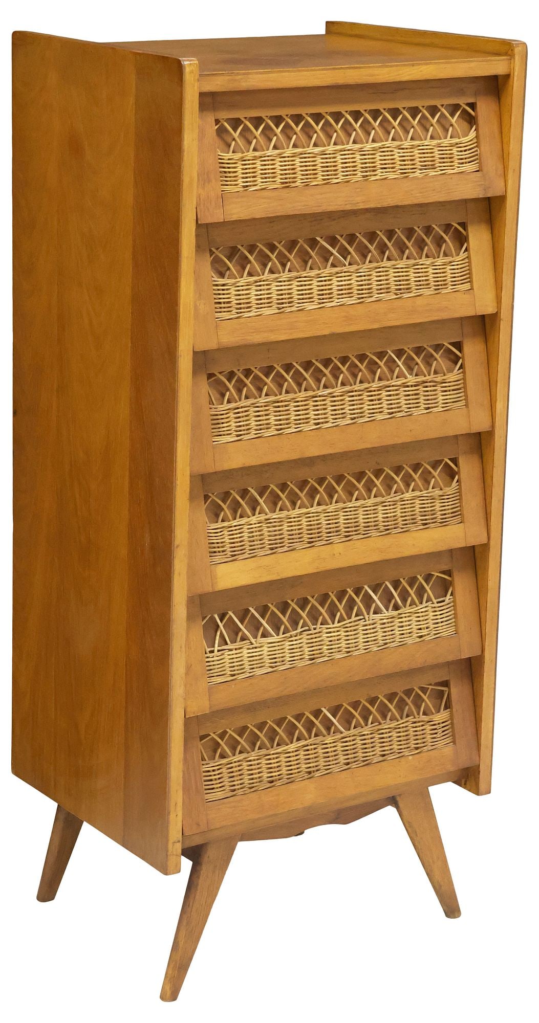 FRENCH MID-CENTURY MODERN OAK & RATTAN TALL CHEST OF DRAWERS (1 of 5)